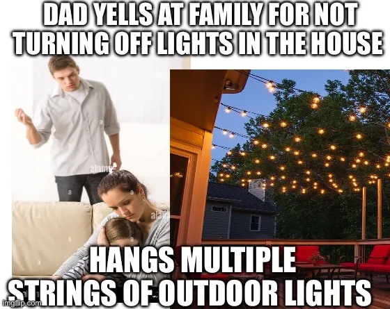 The image is a two-panel meme. The top panel shows a man yelling at a woman holding a child, with text saying 'DAD YELLS AT…
