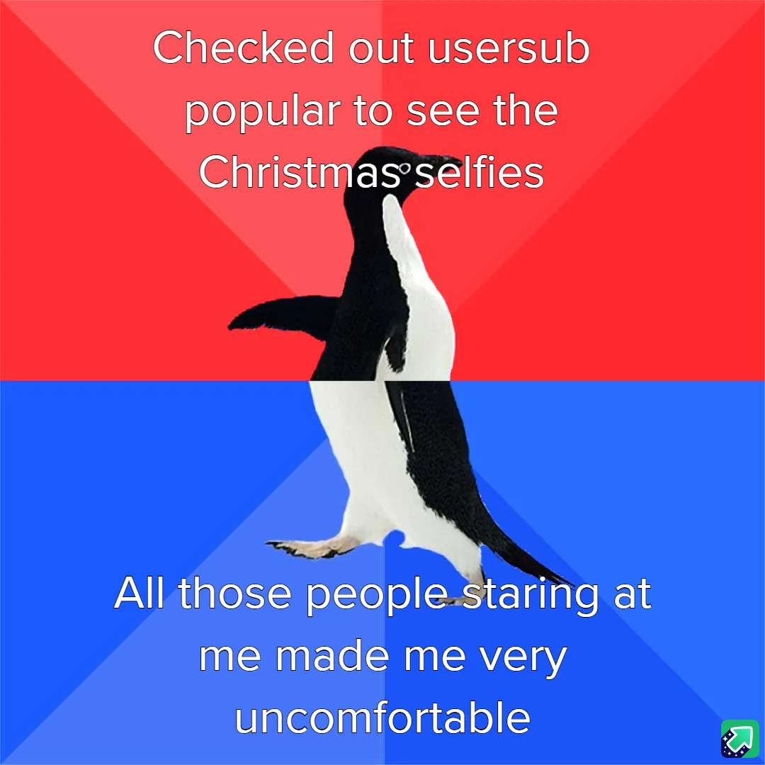 A penguin stands in the center of the image, split by a horizontal line, with a red background above and a blue background…
