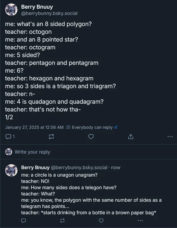 A screenshot of a social media post showing a humorous dialogue where a student invents fake polygon names like 'quadagon'…