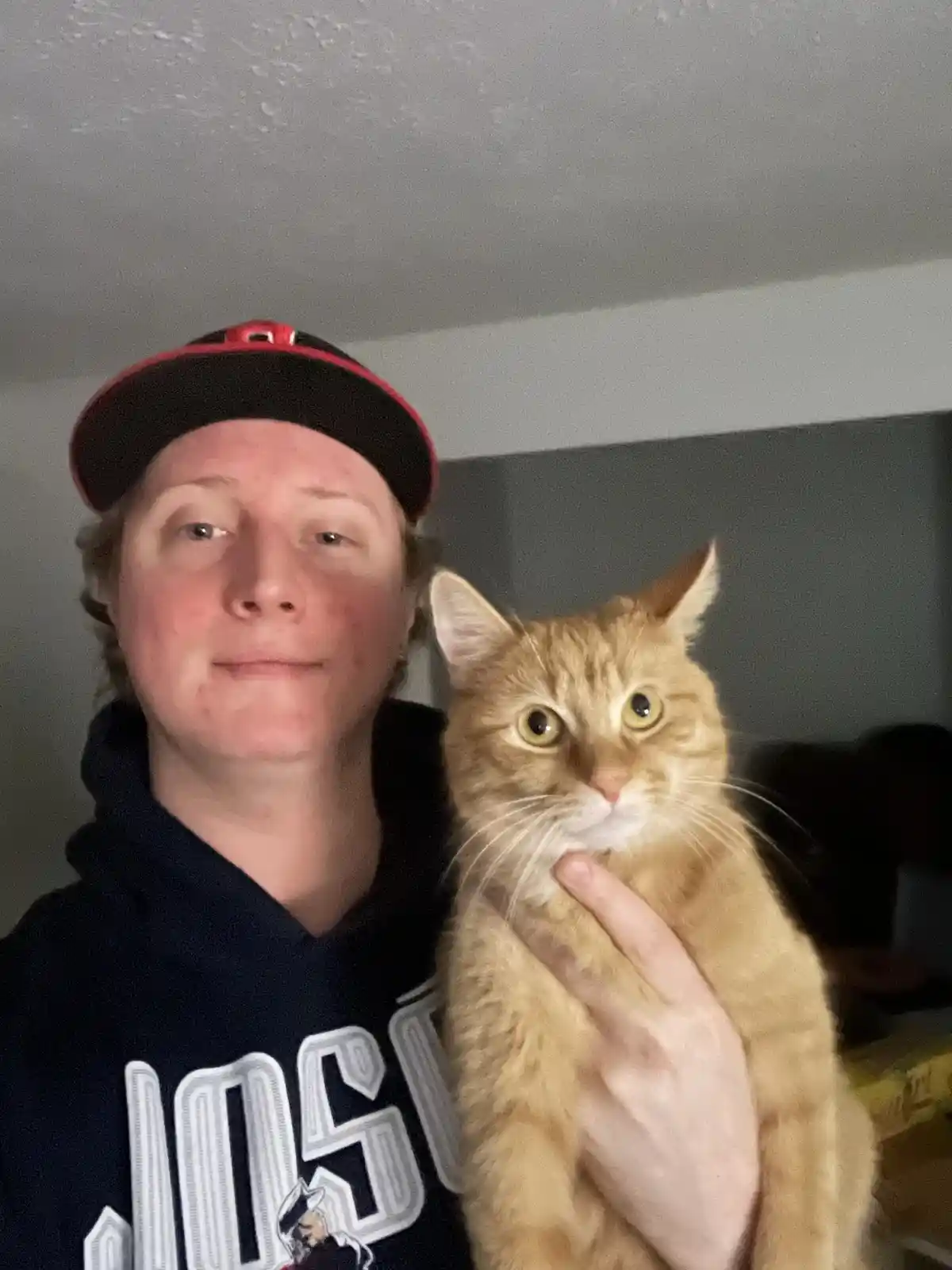 A person wearing a black and red baseball cap and a dark hoodie holds an orange tabby cat. The cat has wide…