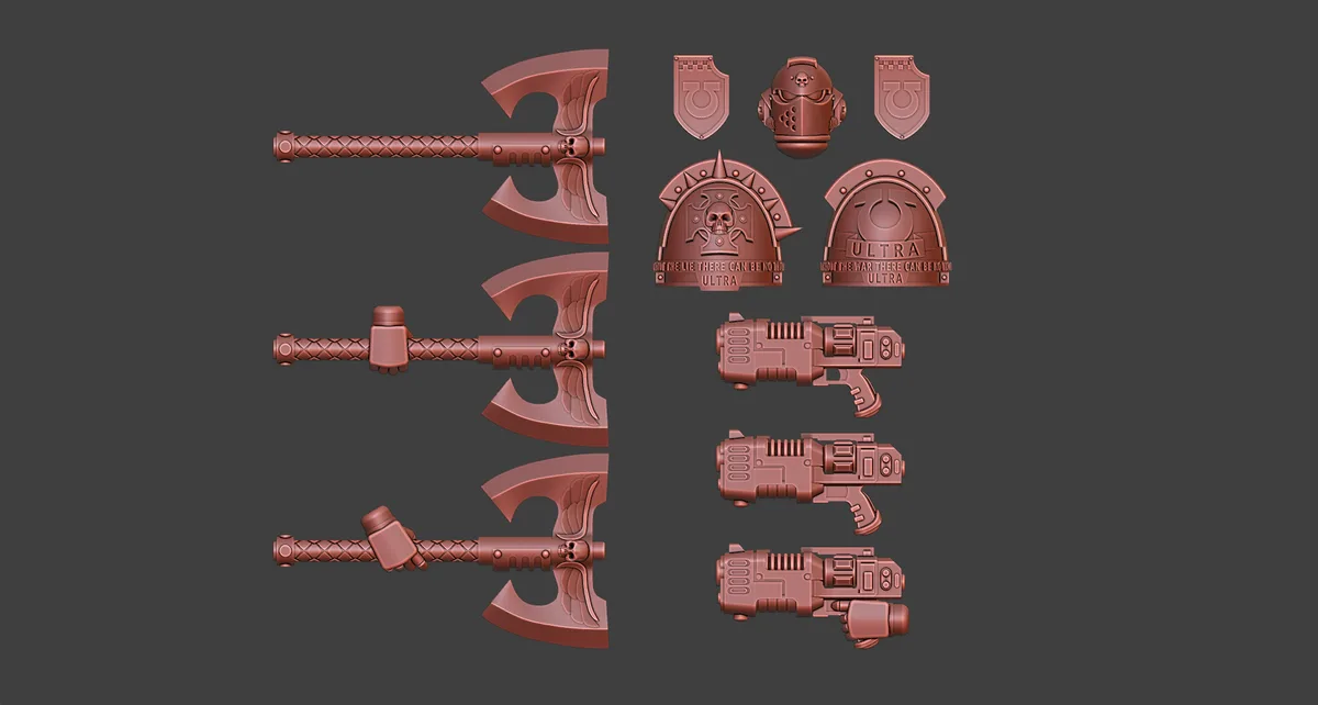 The image displays a set of unpainted, reddish-brown miniature wargaming components, including three large axes with skulls…