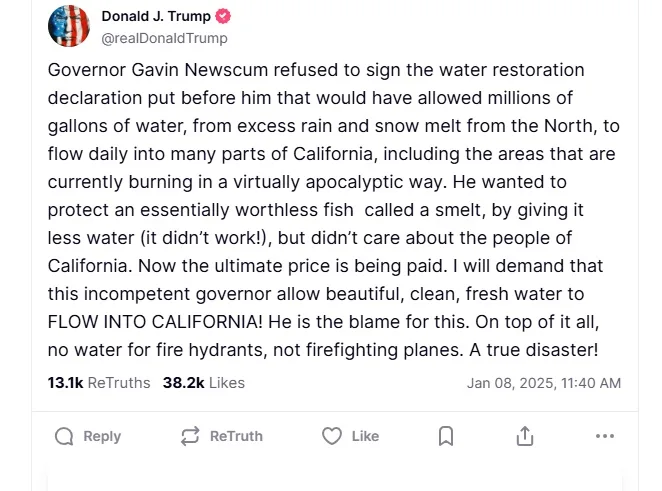 A screenshot of a social media post attributed to Donald J. Trump, featuring his profile picture and a long text rant…
