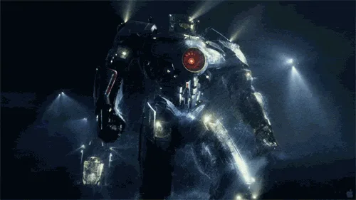 A six-panel image sequence shows a large, dark, armored robot with a glowing red chest light and head lights, standing in a…