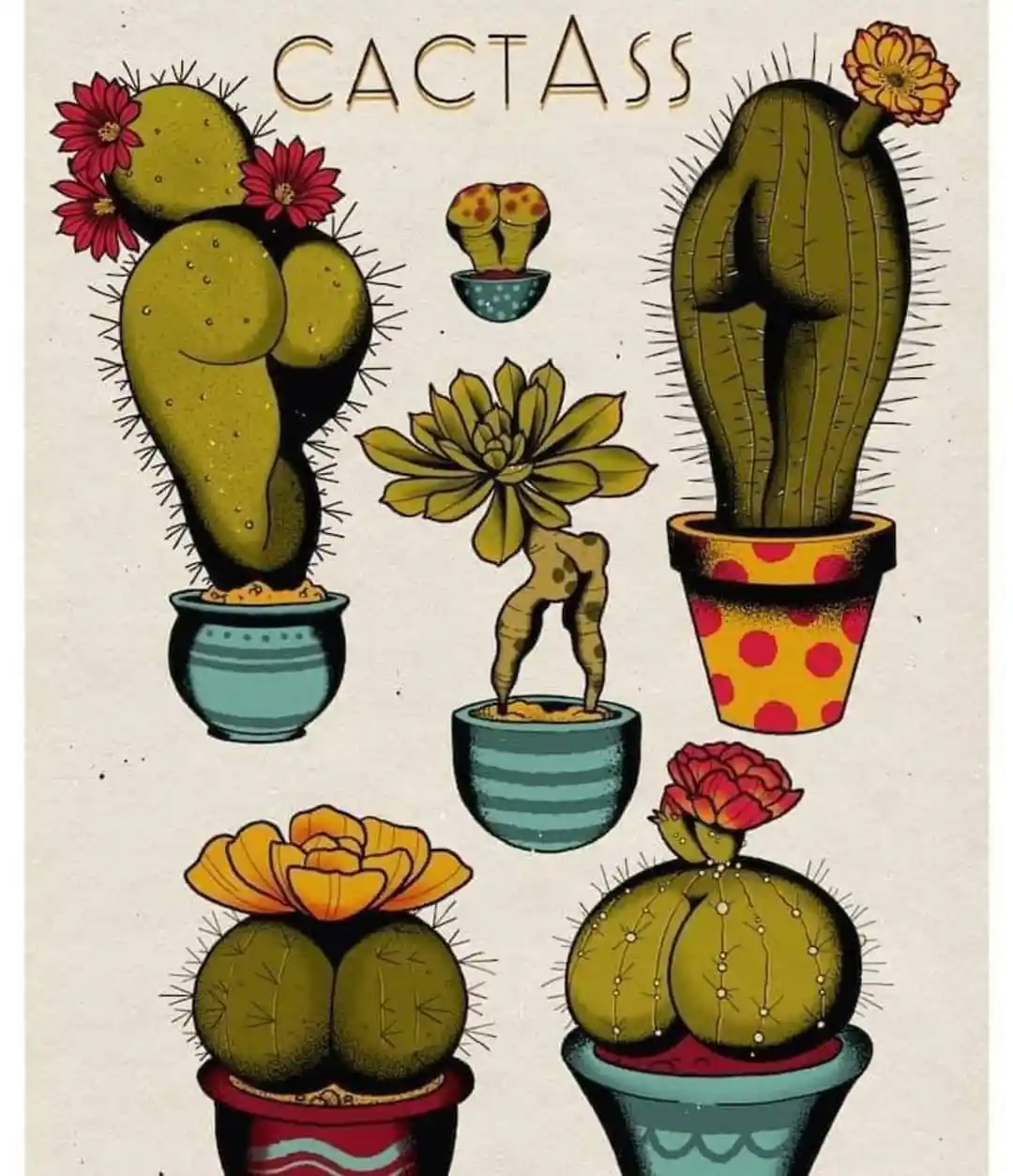 An illustrated poster-style image displays several cacti and succulents, each creatively shaped to resemble human buttocks…