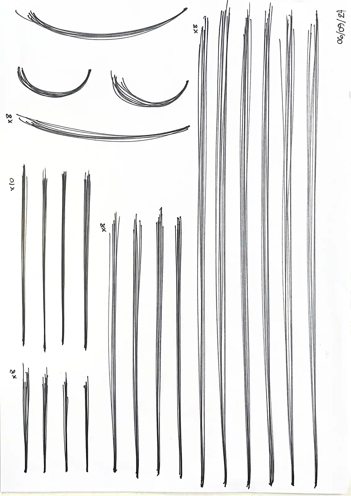 A black-and-white sketch shows multiple sets of hand-drawn eyelashes arranged in rows, with labels like 'x8' and 'x10'…