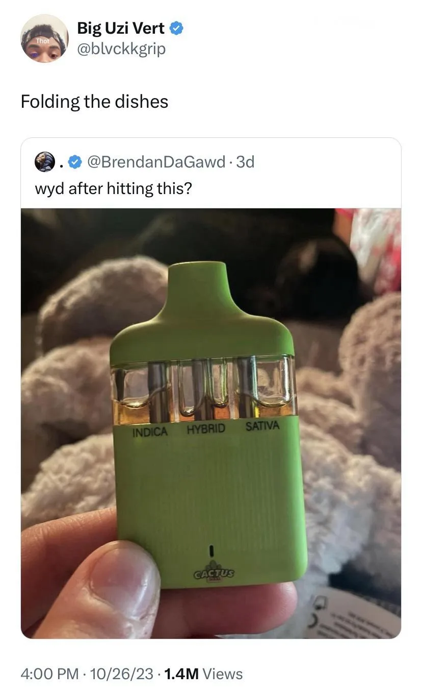 A screenshot of a tweet by 'Big Uzi Vert' showing a green Cactus brand vape pen with three visible cartridges labeled…