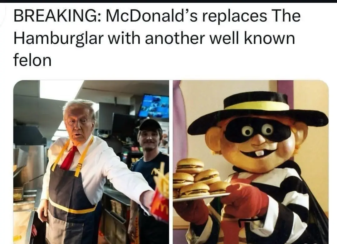 The image is split into two panels. The left panel shows Donald Trump wearing a McDonald's apron and holding a bag of fries…