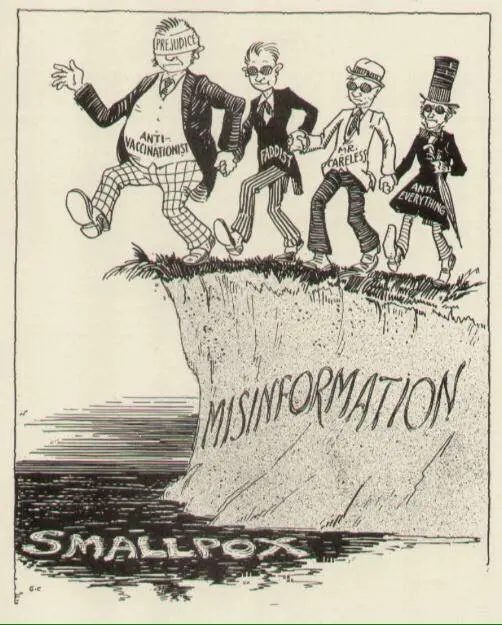 A vintage black-and-white cartoon shows five caricatured figures labeled 'PREJUDICE', 'ANTI-VACCINATIONIST', 'FADDOT', 'MR…