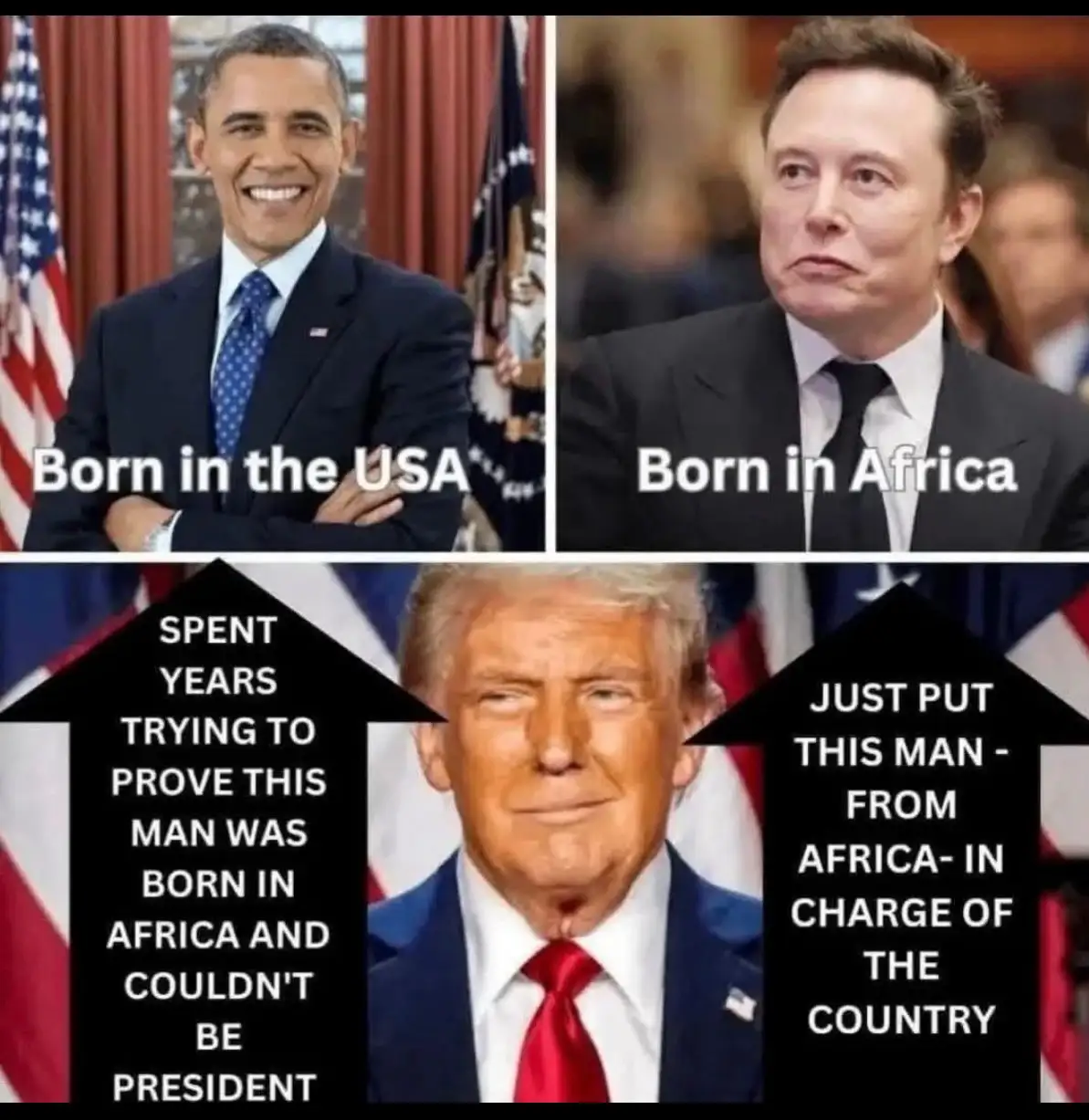 The image is a three-panel meme featuring Barack Obama, Elon Musk, and Donald Trump. The top left panel shows Obama with the…