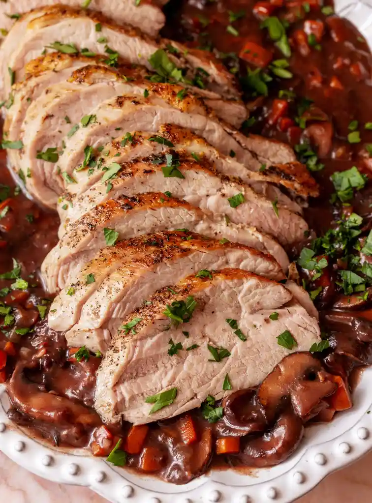 A close-up photo of sliced cooked pork tenderloin arranged on a white plate, surrounded by a rich brown gravy containing…