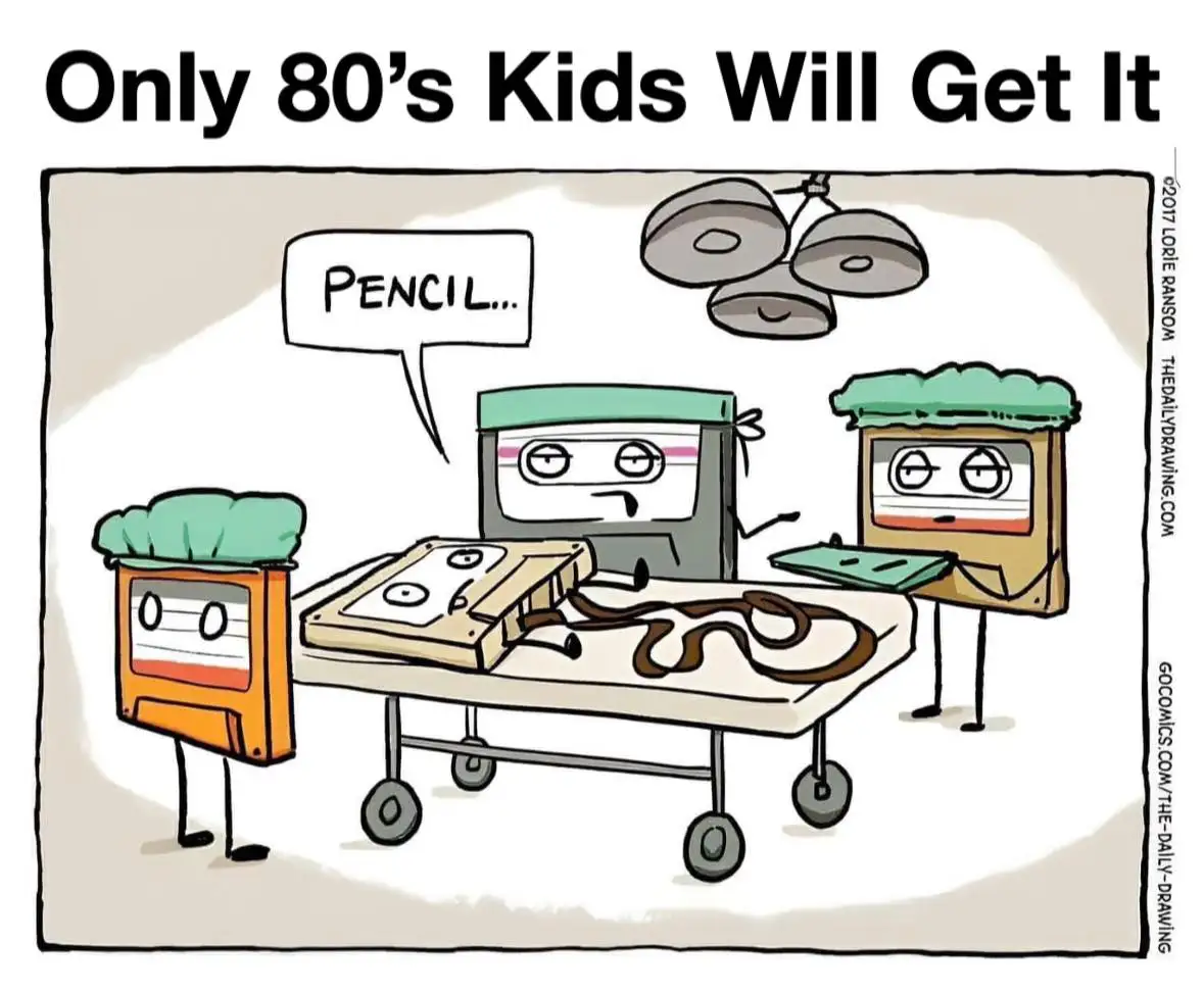 Three cartoon cassette tapes wearing surgical caps stand in an operating room. One tape is on an operating table with a long…