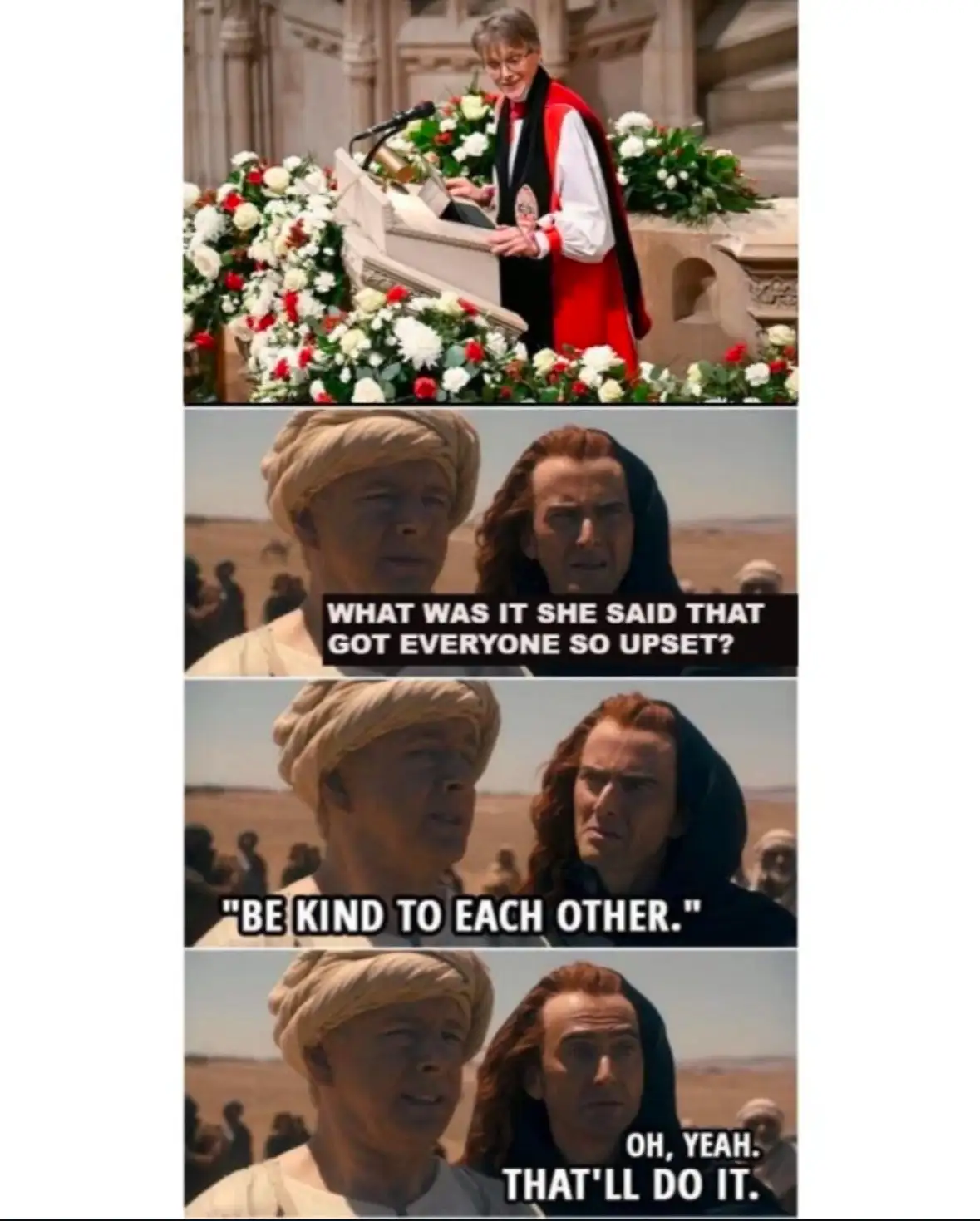 The meme features four panels: the top shows a woman in red clerical robes speaking at a floral-adorned podium. The bottom…