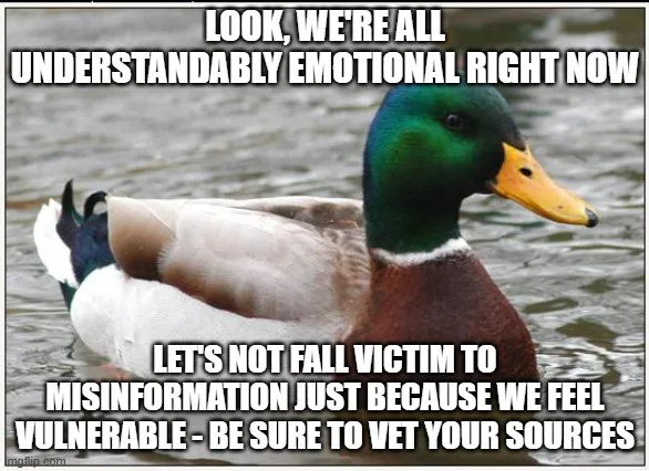 A mallard duck with a green head and yellow beak is floating calmly on water. White bold text is overlaid in two sections…
