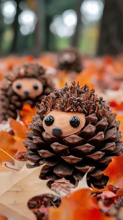 A close-up photograph shows three pinecones decorated with googly eyes and a small nose to resemble hedgehogs, sitting among…