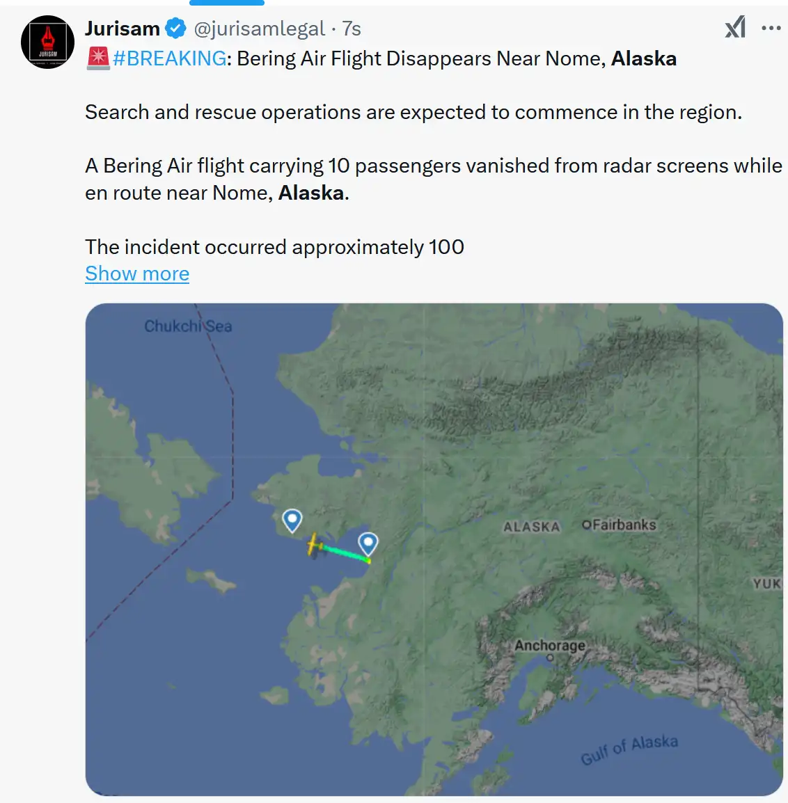 A screenshot of a Twitter post from 'Jurisam' shows a breaking news alert about a Bering Air flight vanishing near Nome…