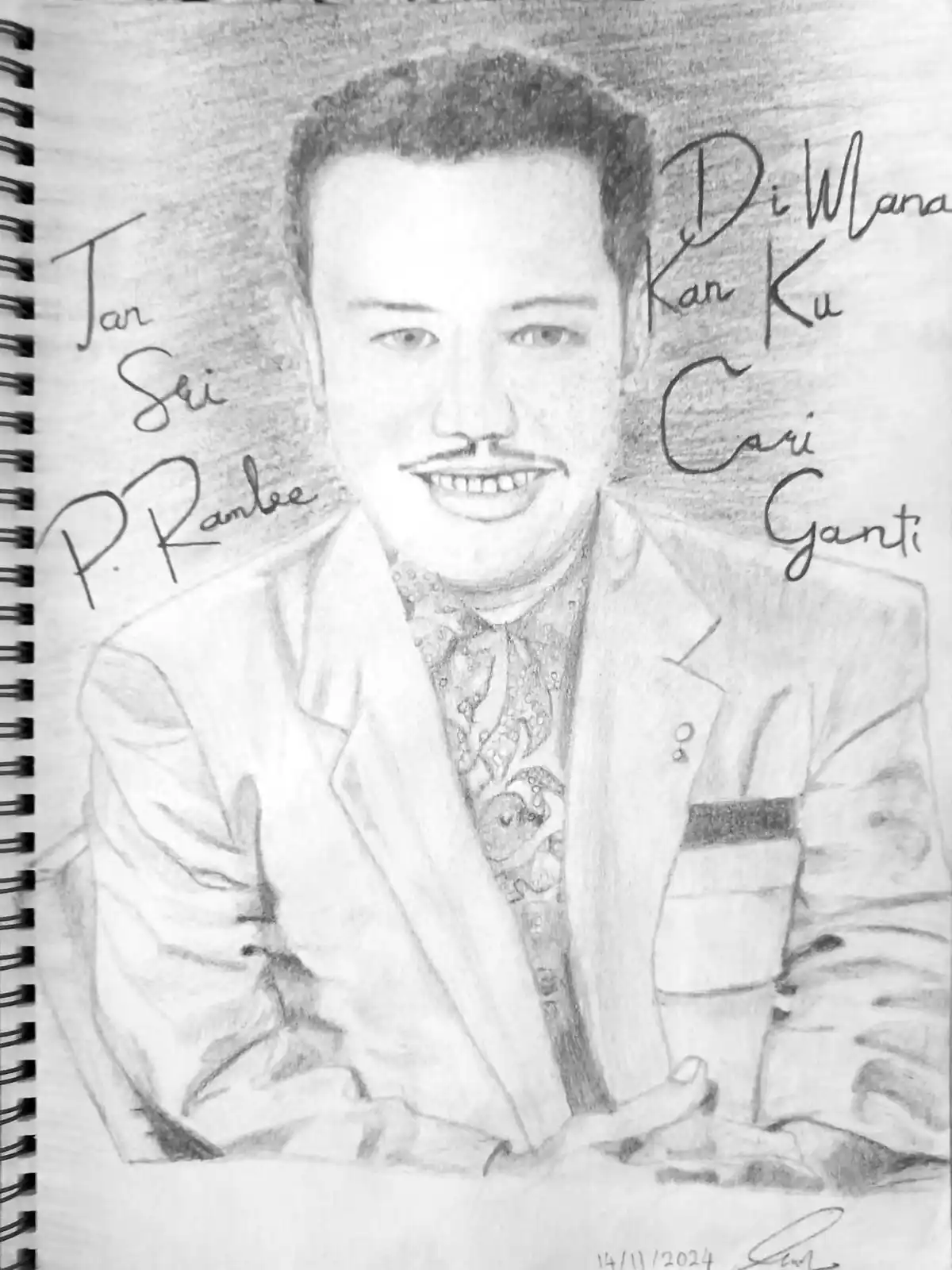 A pencil sketch of a smiling man with a mustache, wearing a suit and patterned shirt, drawn on spiral-bound notebook paper…