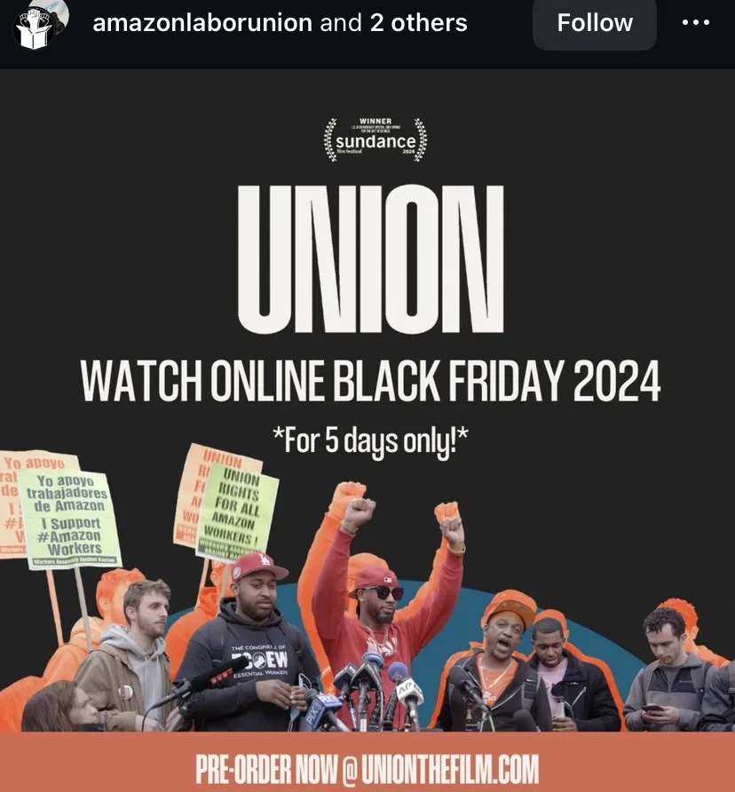 A promotional poster for the 2024 Sundance-winning film 'Union' is overlaid with text advertising a fictional 'watch online…