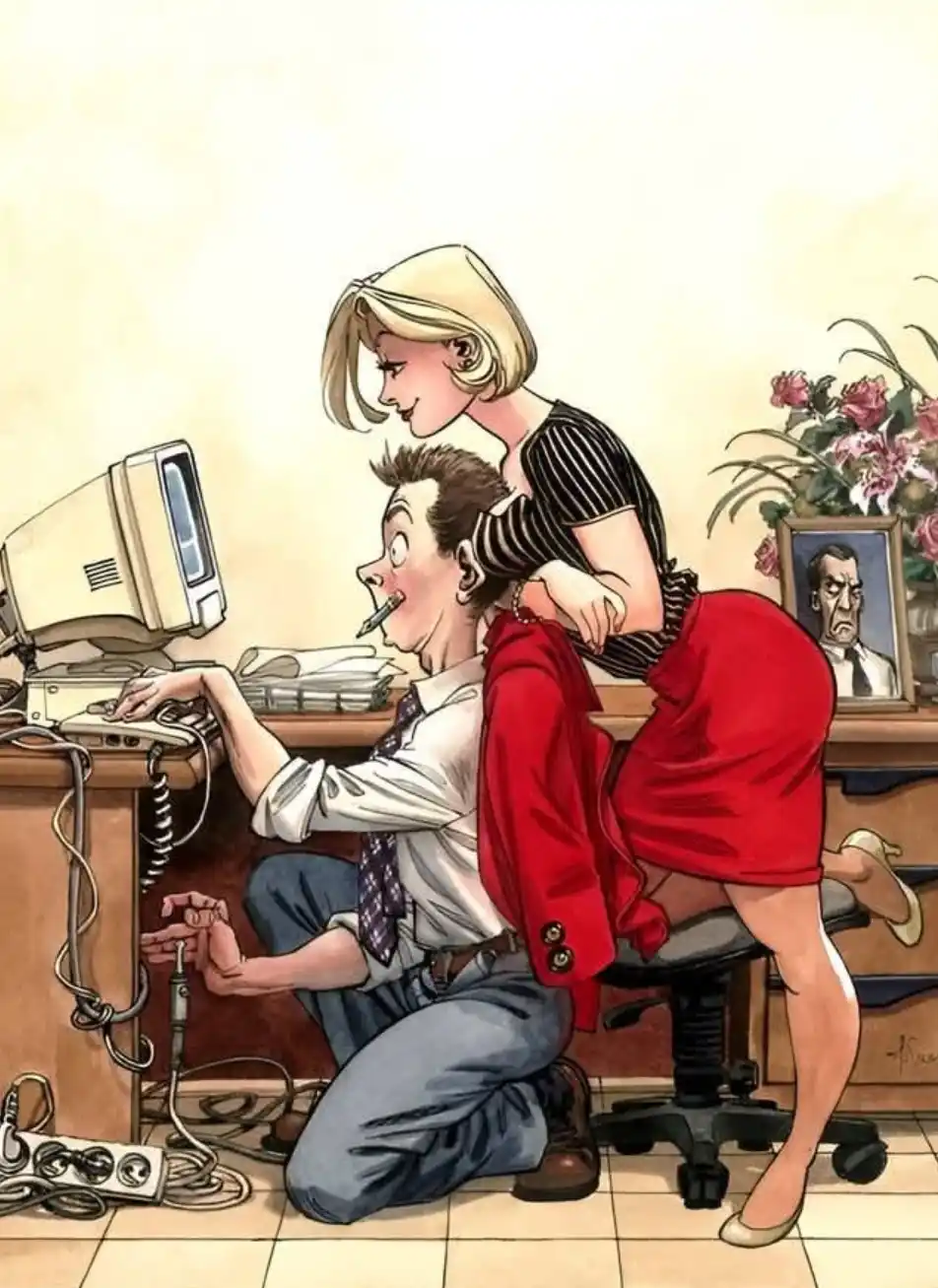 A vintage-style illustration shows a man kneeling at a desk with an old beige computer, smoking a cigarette while a blonde…