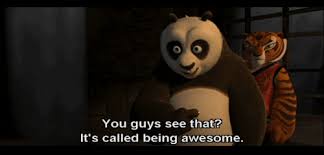 A still from the animated movie 'Kung Fu Panda' shows Po, the panda protagonist, looking confidently at the viewer while…