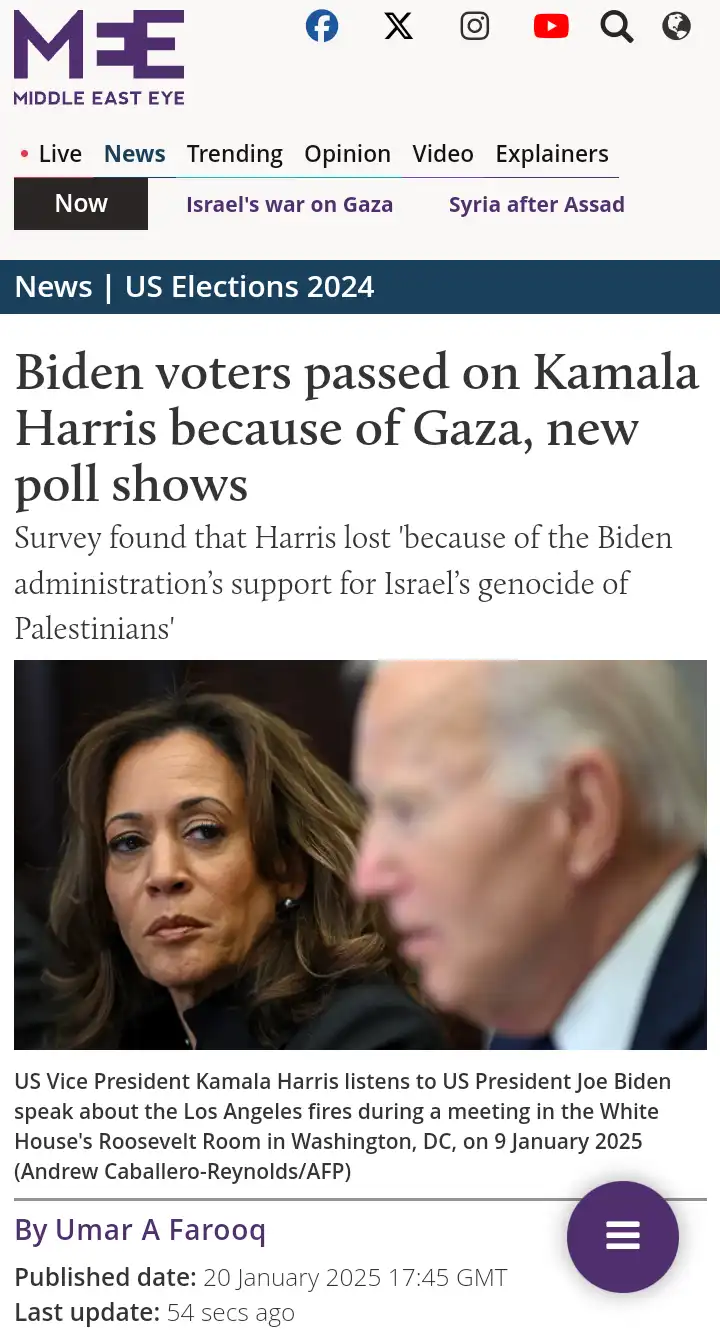 A screenshot of a Middle East Eye news article with a headline stating 'Biden voters passed on Kamala Harris because of…