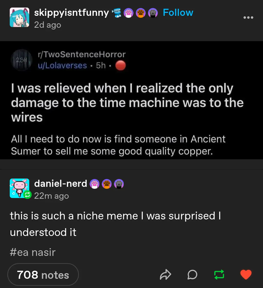 A screenshot of a Tumblr post showing a Reddit comment from r/TwoSentenceHorror that reads 'I was relieved when I realized…