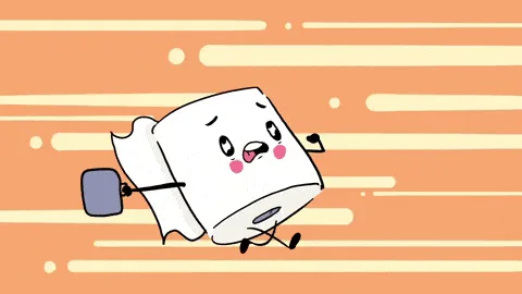 The image shows a cartoon marshmallow character running with a determined expression, holding a small gray object. The…