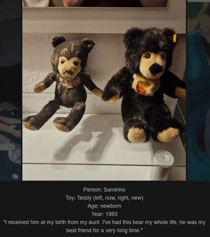 Two teddy bears sit side-by-side on a glass shelf; the left bear is visibly worn and frayed, while the right bear is plush…