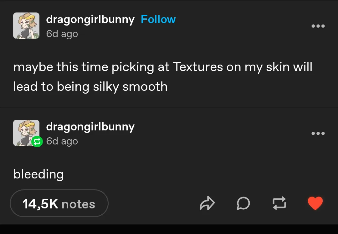 A screenshot of a social media post by 'dragongirlbunny' showing two comments. The first says 'maybe this time picking at…