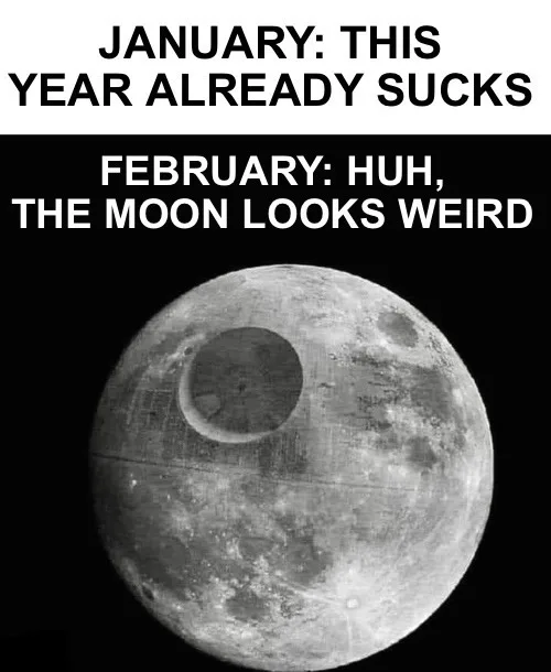 The image shows a black-and-white photo of the moon with a large, circular crater that resembles the Death Star from Star…