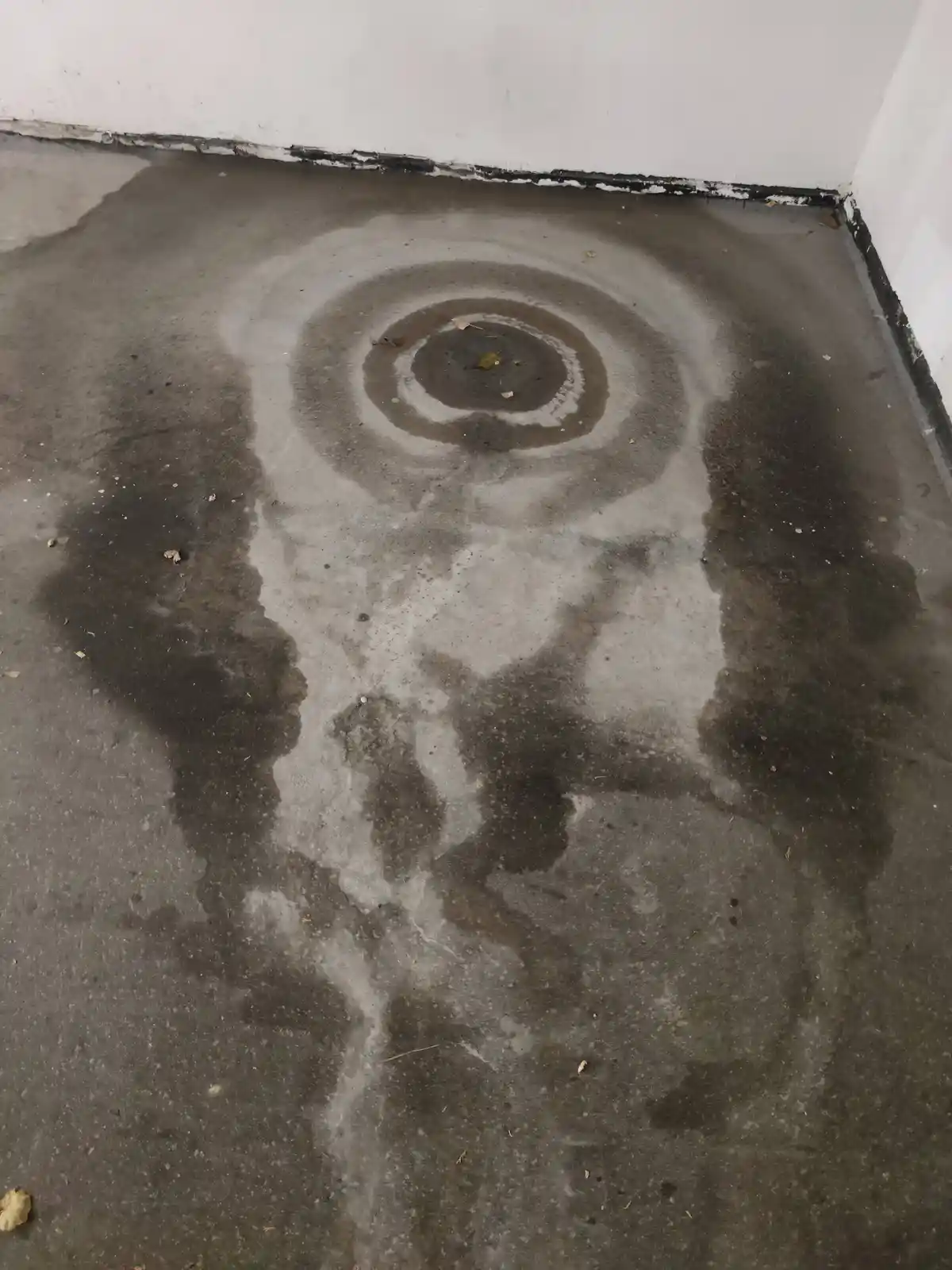 A close-up photo of a concrete floor corner with a large, concentric circular puddle that visually resembles a face with a…
