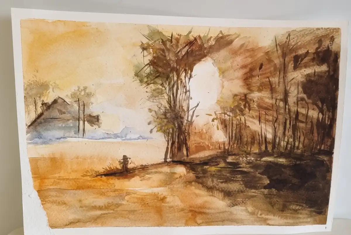 A watercolor painting depicts a serene, autumnal landscape with trees, a distant house, and a path, overlaid with the text…