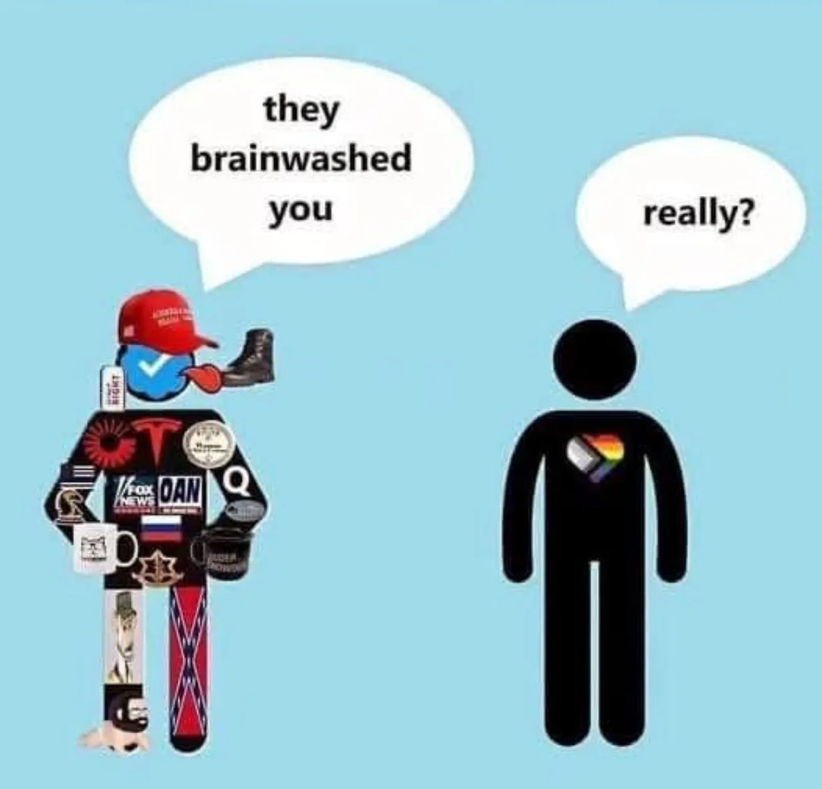 A heavily stickered cartoon figure wearing a red MAGA hat and holding a boot, covered in logos like Fox News, OAN, QAnon…