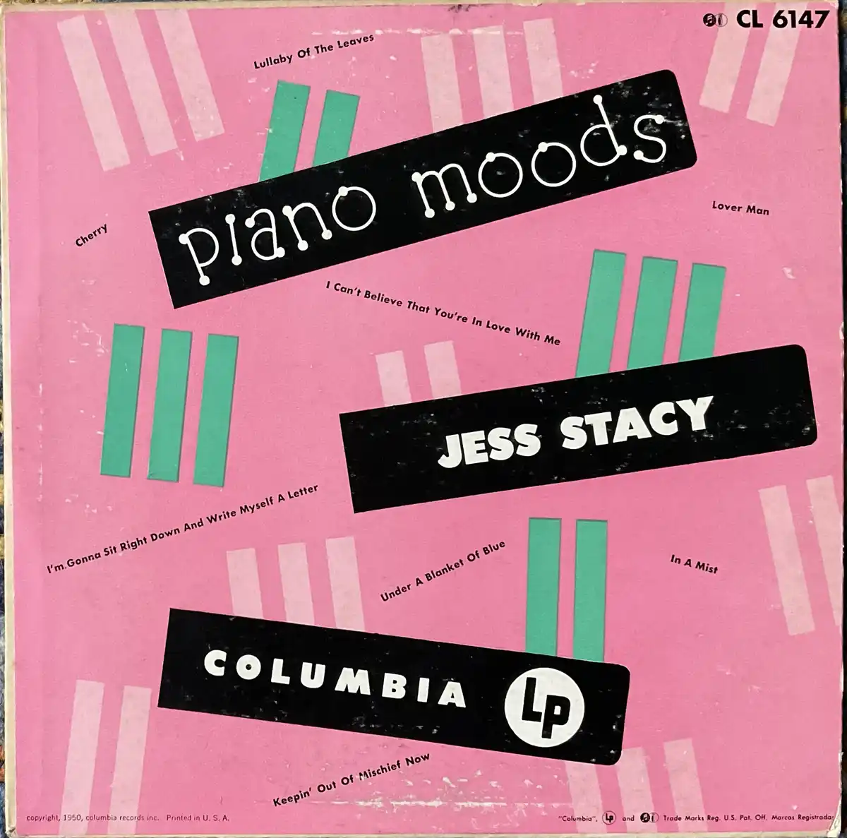 A vintage pink vinyl record album cover for 'Piano Moods' by Jess Stacy, featuring stylized green and white piano key…