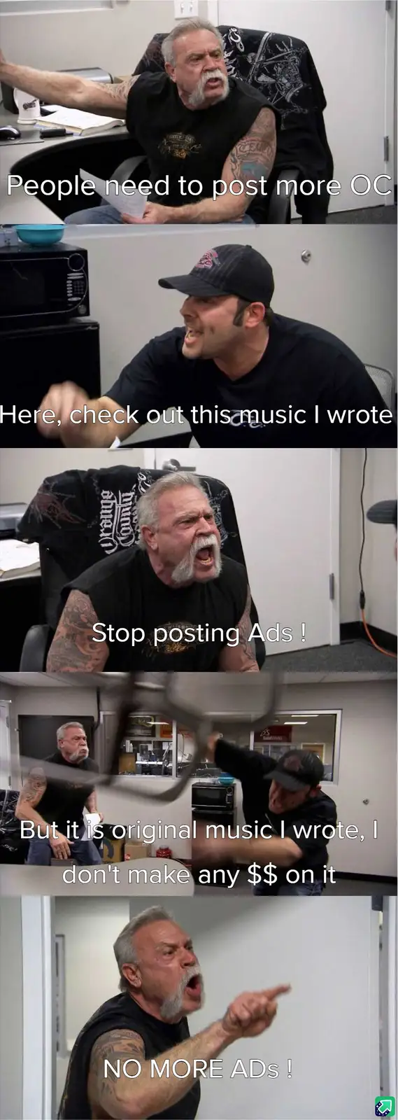 A five-panel meme featuring a man with a white beard and tattoos yelling at another man in an office setting. The first…