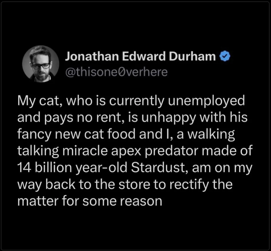 A screenshot of a tweet by Jonathan Edward Durham (@thisone0verhere) with a black background and white text. The tweet…