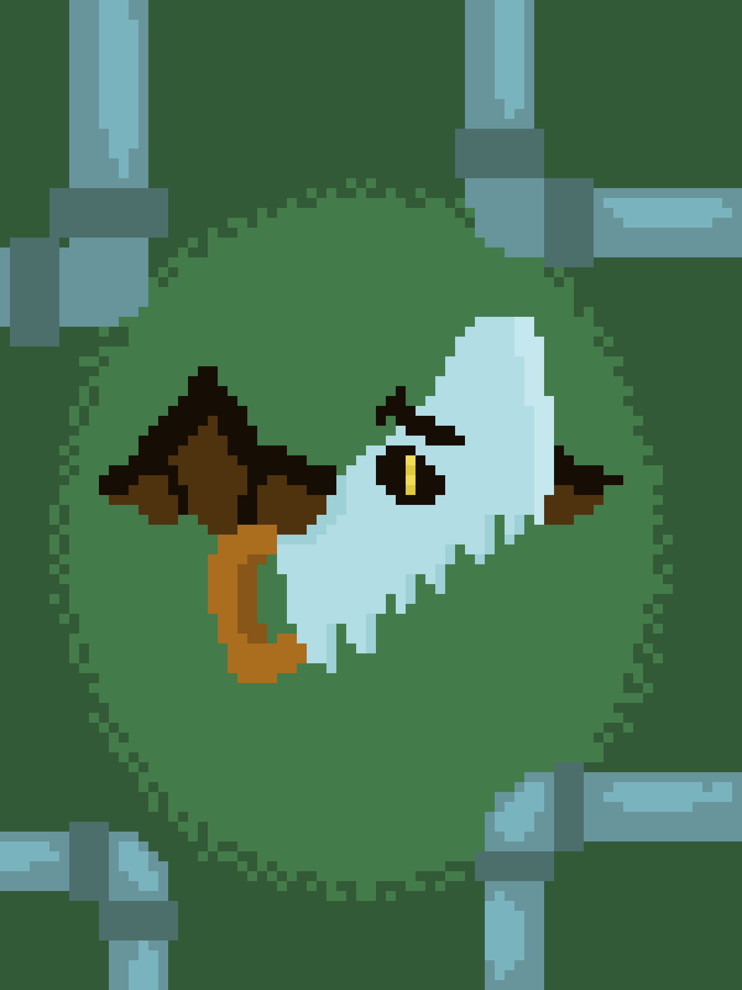 A pixelated green character with a light blue beard and brown hair, surrounded by four swords pointing inward, has the text…