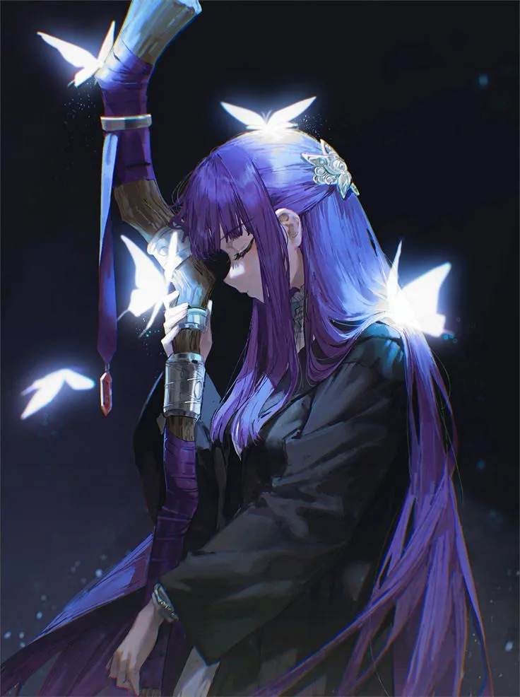 A character with long purple hair and dark clothing holds a glowing staff, surrounded by luminous white butterflies against…