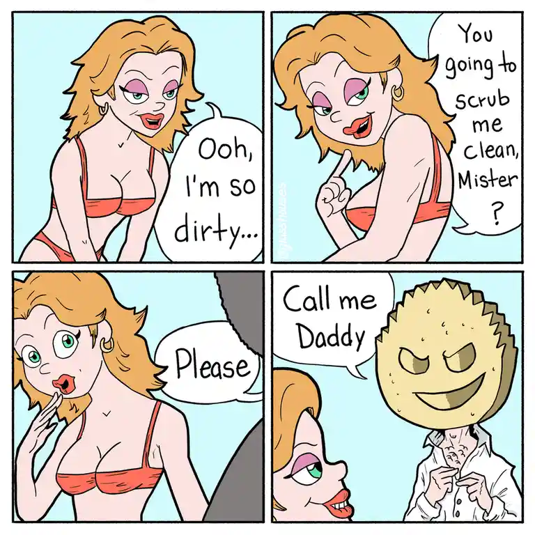 A four-panel comic strip shows a woman in a red bikini playfully asking a man to 'scrub her clean,' then begging him to call…