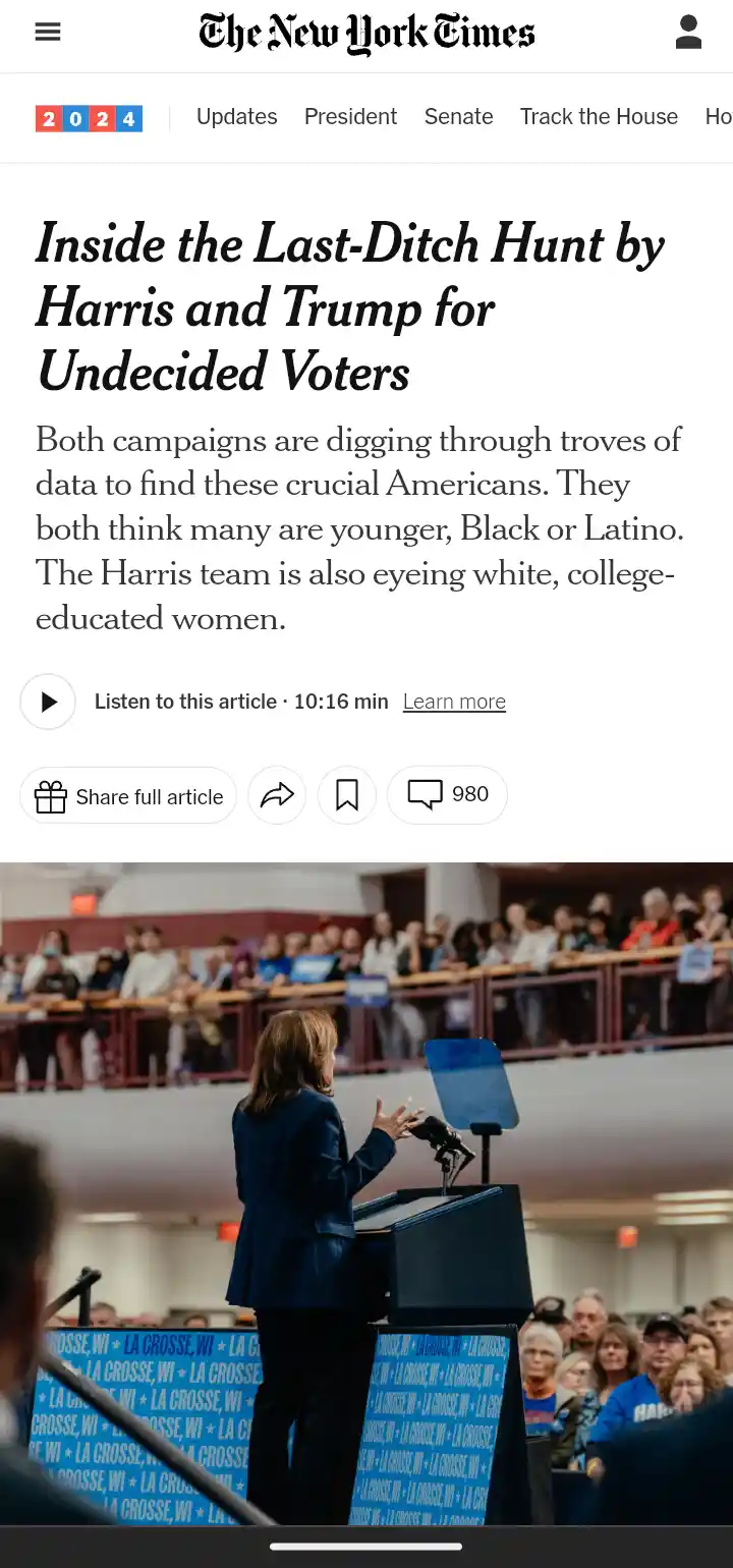 A screenshot of a New York Times article headline about Harris and Trump targeting undecided voters, overlaid with an image…
