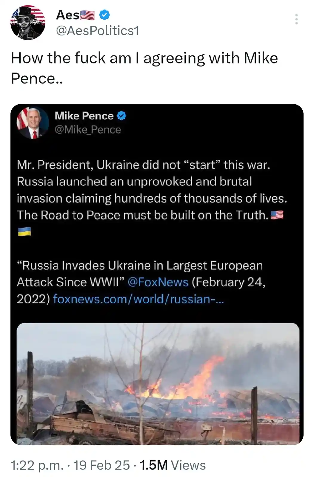 A screenshot of a tweet from 'Aes' expressing disbelief at agreeing with Mike Pence, who posted a tweet stating 'Mr…