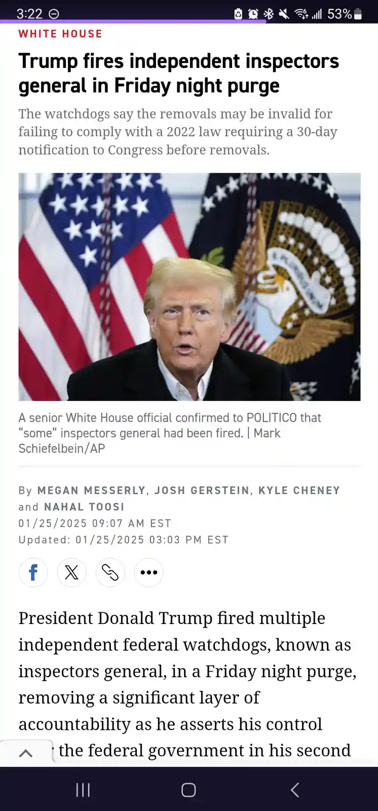 A screenshot of a Politico news article from the White House section, featuring a photo of Donald Trump speaking in front of…
