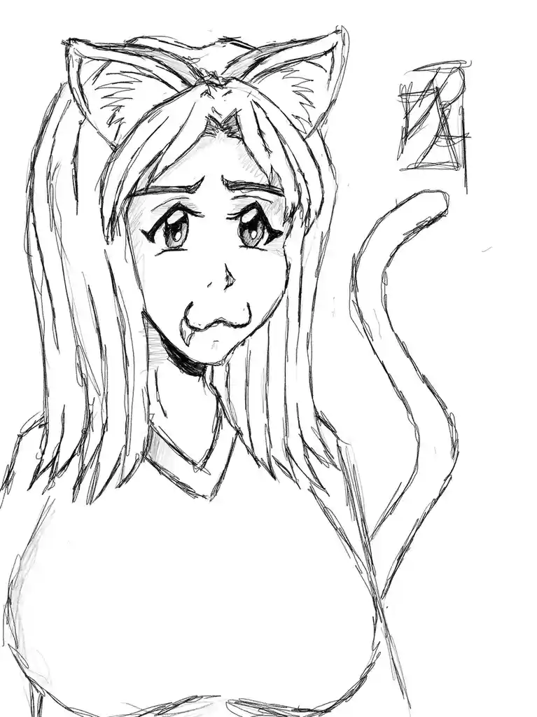 A black-and-white sketch of an anime-style girl with long hair, cat ears, and a cat tail, looking slightly confused or…