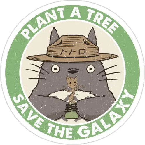 A circular sticker-style image features the animated character Totoro wearing a straw hat and holding a small tree-like…