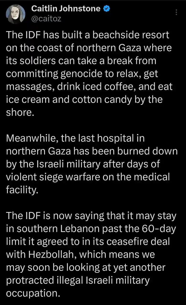 A screenshot of a tweet by Caitlin Johnstone (@caitoz) with a black background and white text. The text details a series of…