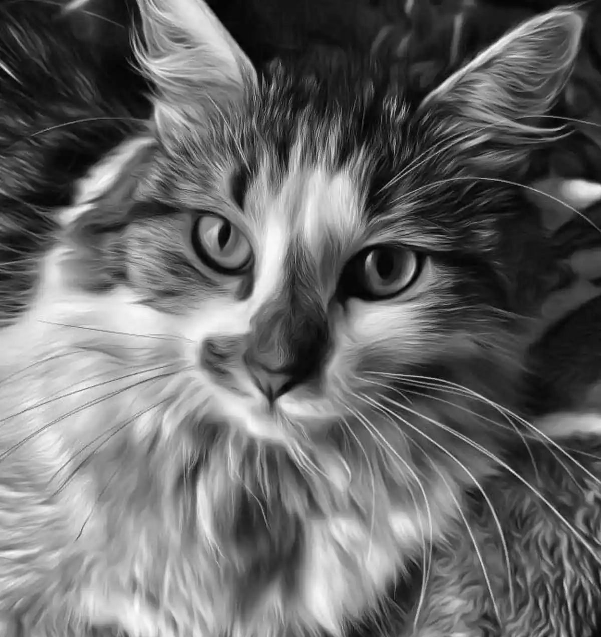 A black and white close-up photo of a long-haired cat with wide, intense eyes staring directly at the camera, its fur…