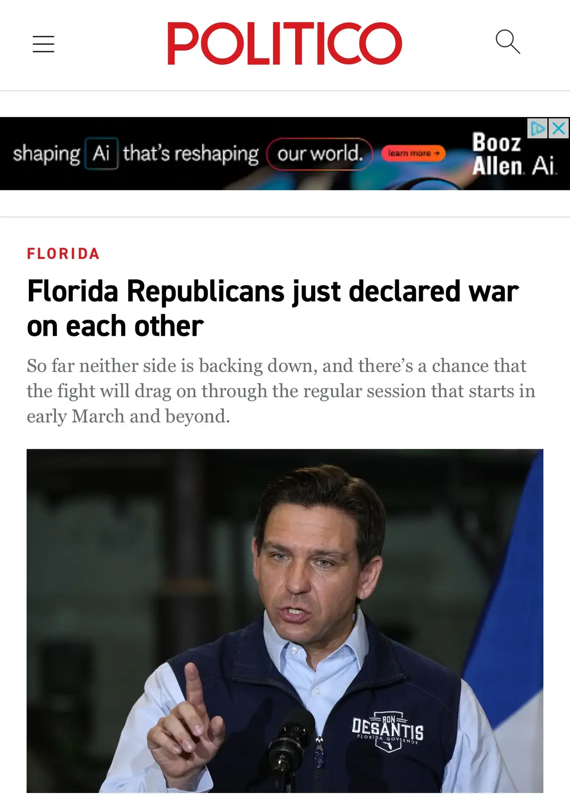 A screenshot of a Politico news article with the headline 'Florida Republicans just declared war on each other' and a photo…