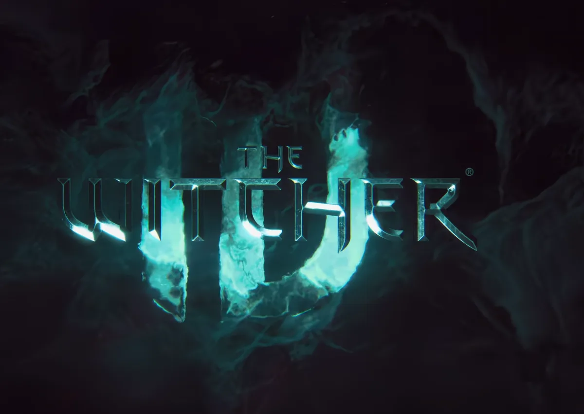 The image displays the official logo for 'The Witcher' video game franchise, featuring stylized metallic lettering with…