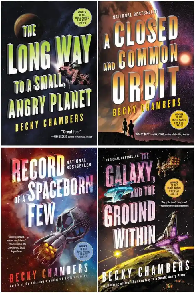 Four book covers by Becky Chambers arranged in a 2x2 grid, each featuring space-themed artwork and the author's name. The…