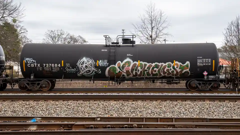 A black railroad tank car, marked CBTX 737684, sits on tracks with visible graffiti including a pentagram and…