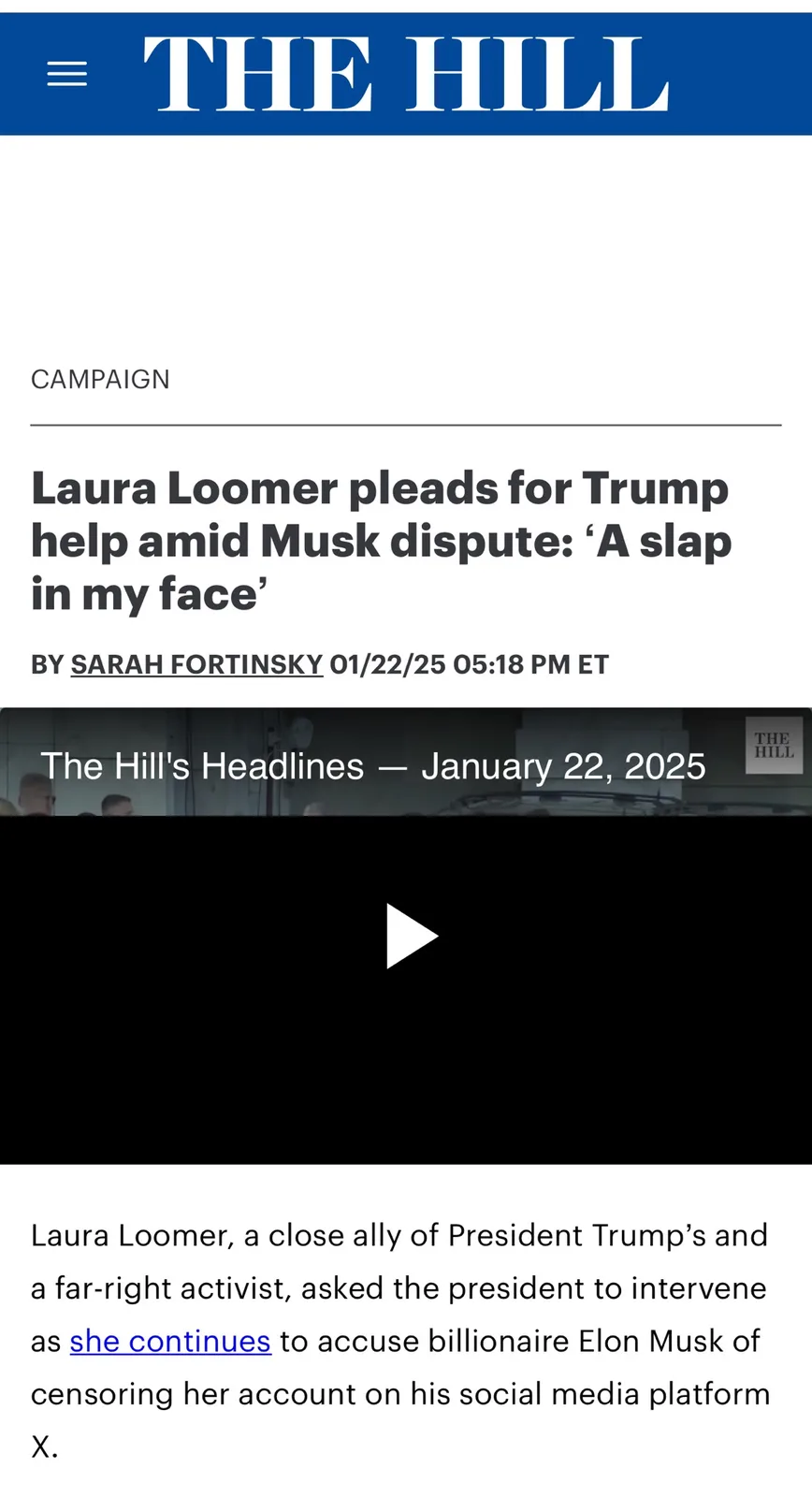A screenshot of a The Hill news article dated January 22, 2025, with the headline 'Laura Loomer pleads for Trump help amid…